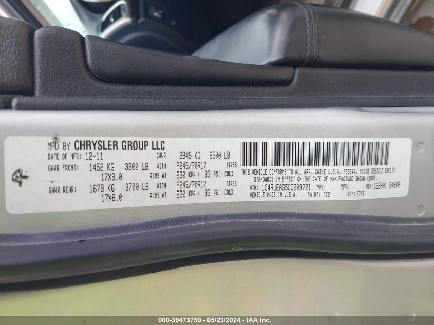 2012 Jeep Grand Cherokee Laredo VIN: 1C4RJEAG5CC209721 Lot: 39473759