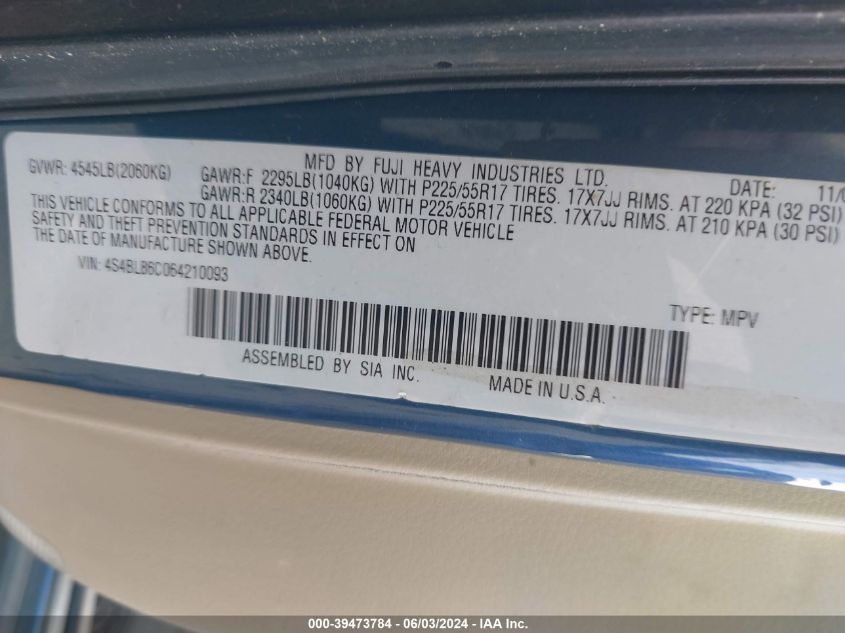 2006 Subaru Outback 3.0R L.l. Bean Edition VIN: 4S4BL86C064210093 Lot: 39473784