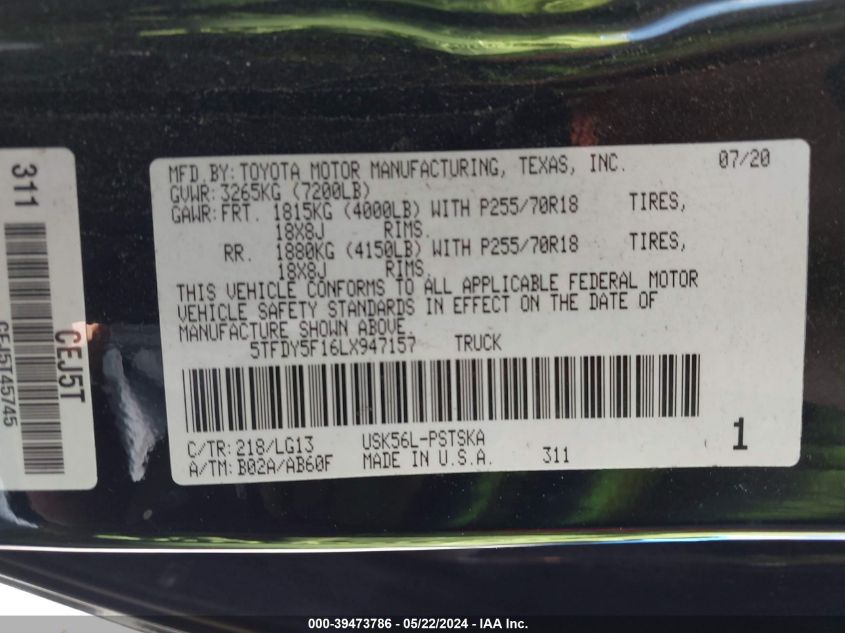 2020 Toyota Tundra Sr5 VIN: 5TFDY5F16LX947157 Lot: 39473786