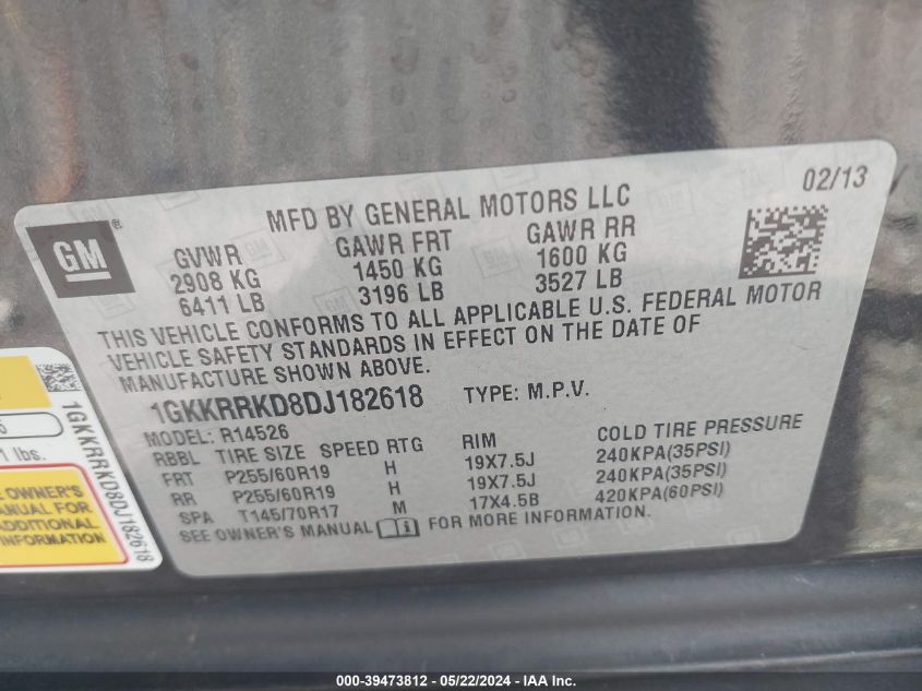 2013 GMC Acadia Slt-1 VIN: 1GKKRRKD8DJ182618 Lot: 39473812