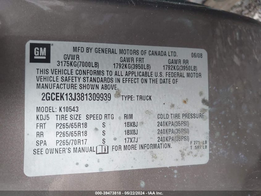 2008 Chevrolet Silverado 1500 Lt1 VIN: 2GCEK13J381309939 Lot: 39473818