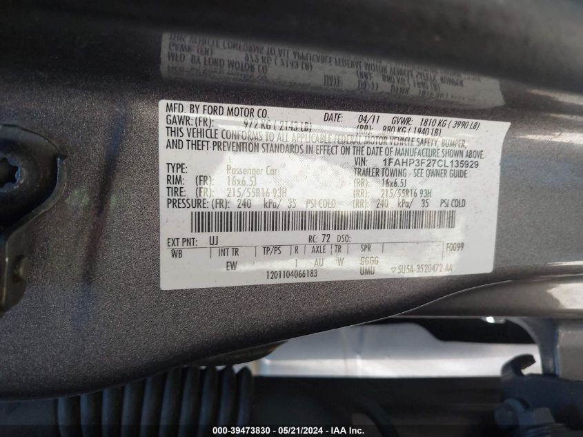 2012 Ford Focus Se VIN: 1FAHP3F27CL135929 Lot: 39473830