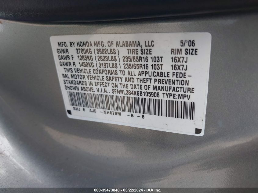 2006 Honda Odyssey Ex VIN: 5FNRL384X6B105906 Lot: 39473840