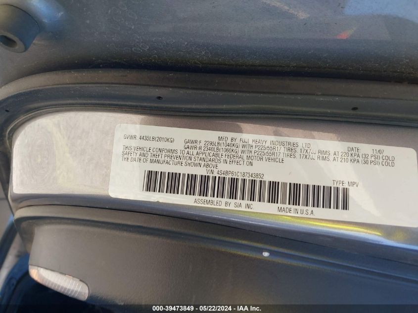 2008 Subaru Outback 2.5I/2.5I L.l. Bean Edition VIN: 4S4BP61C187343852 Lot: 39473849