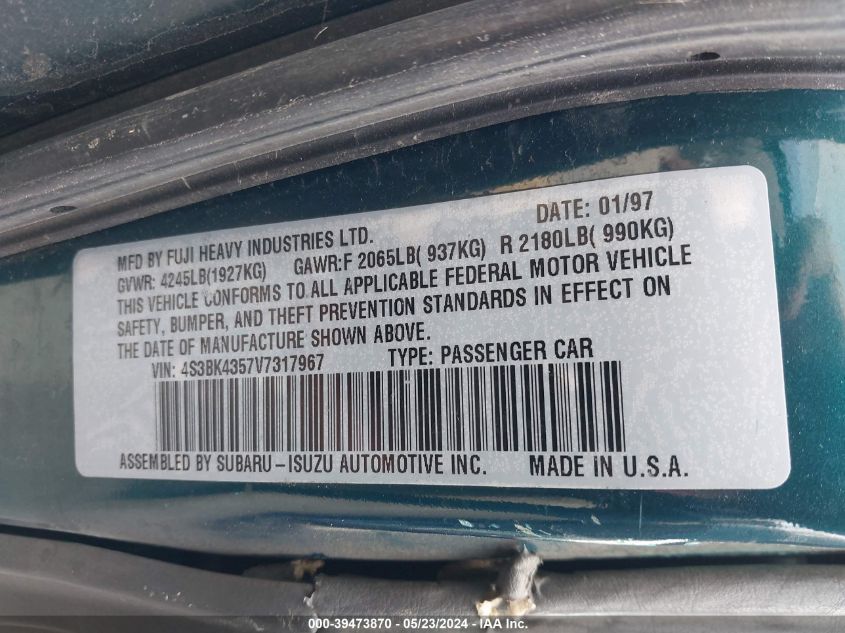 1997 Subaru Legacy L/Postal Right-Hand Drive VIN: 4S3BK4357V7317967 Lot: 39473870