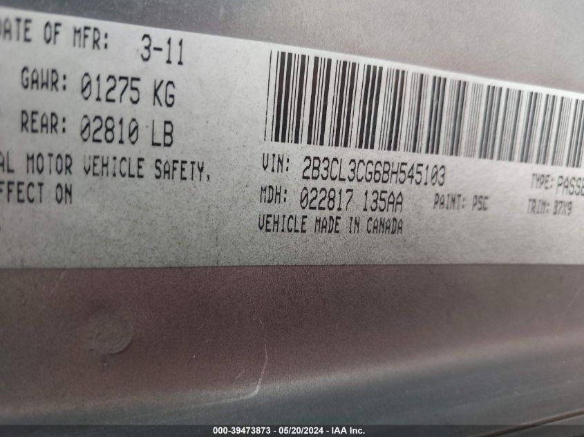 2011 Dodge Charger VIN: 2B3CL3CG6BH545103 Lot: 39473873