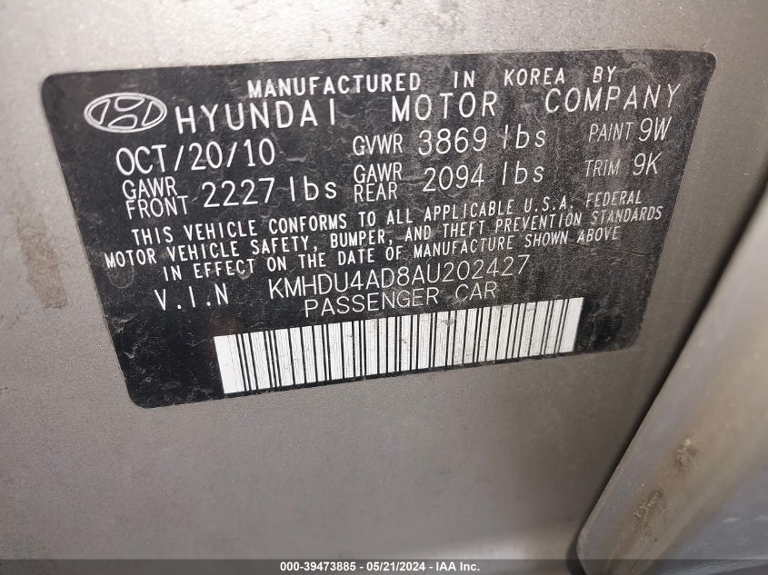 2010 Hyundai Elantra Gls VIN: KMHDU4AD8AU202427 Lot: 39473885