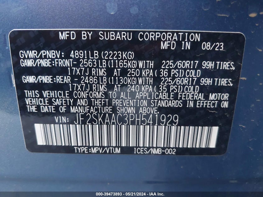 2023 Subaru Forester VIN: JF2SKAAC3PH541929 Lot: 39473893
