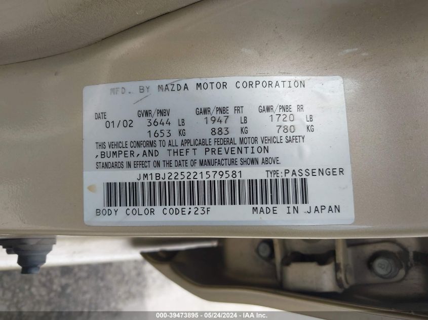 2002 Mazda Protege Dx/Es/Lx VIN: JM1BJ225221579581 Lot: 39473895