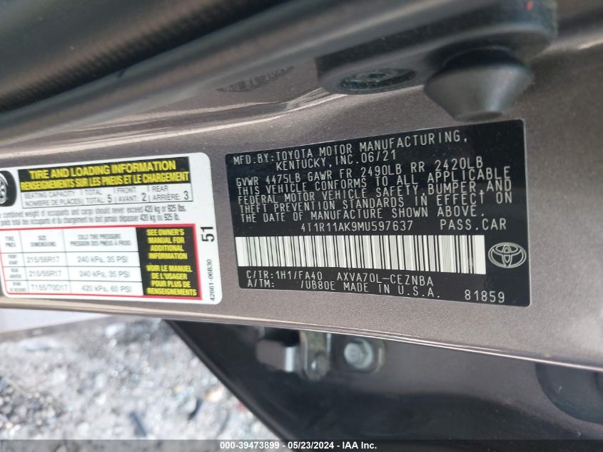 2021 Toyota Camry Le VIN: 4T1R11AK9MU597637 Lot: 39473899
