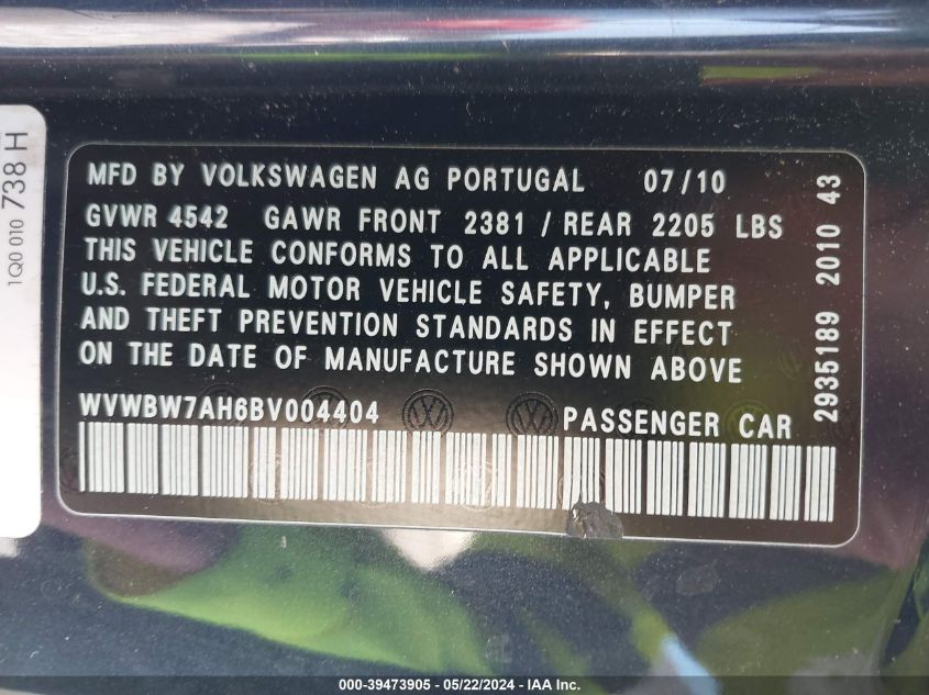 2011 Volkswagen Eos Komfort VIN: WVWBW7AH6BV004404 Lot: 39473905