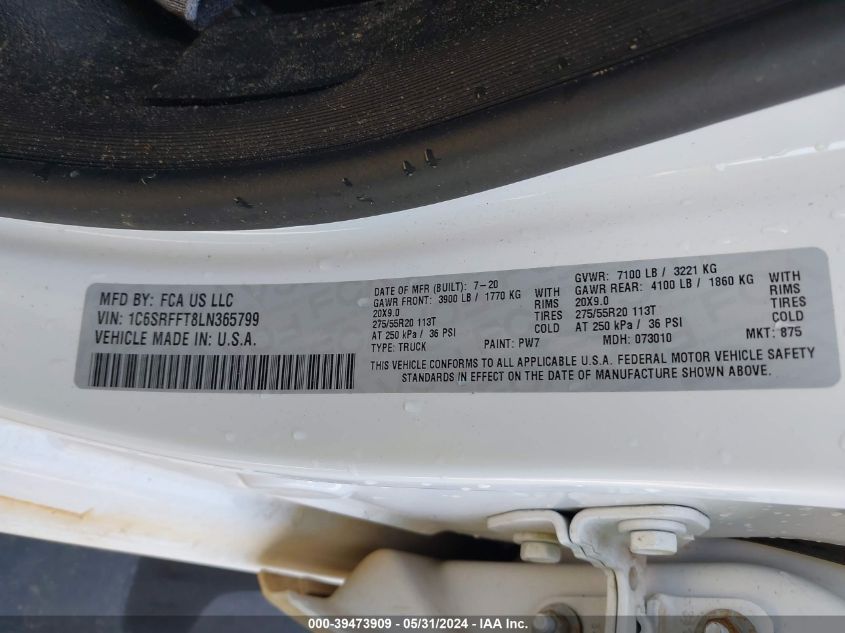 2020 Ram 1500 Big Horn 4X4 5'7 Box VIN: 1C6SRFFT8LN365799 Lot: 39473909