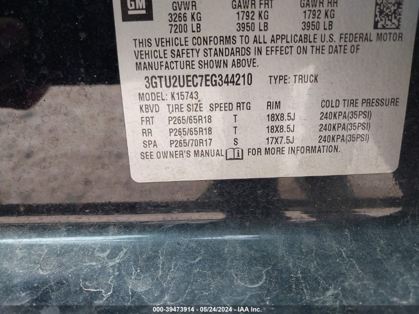 2014 GMC Sierra 1500 Sle VIN: 3GTU2UEC7EG344210 Lot: 39473914