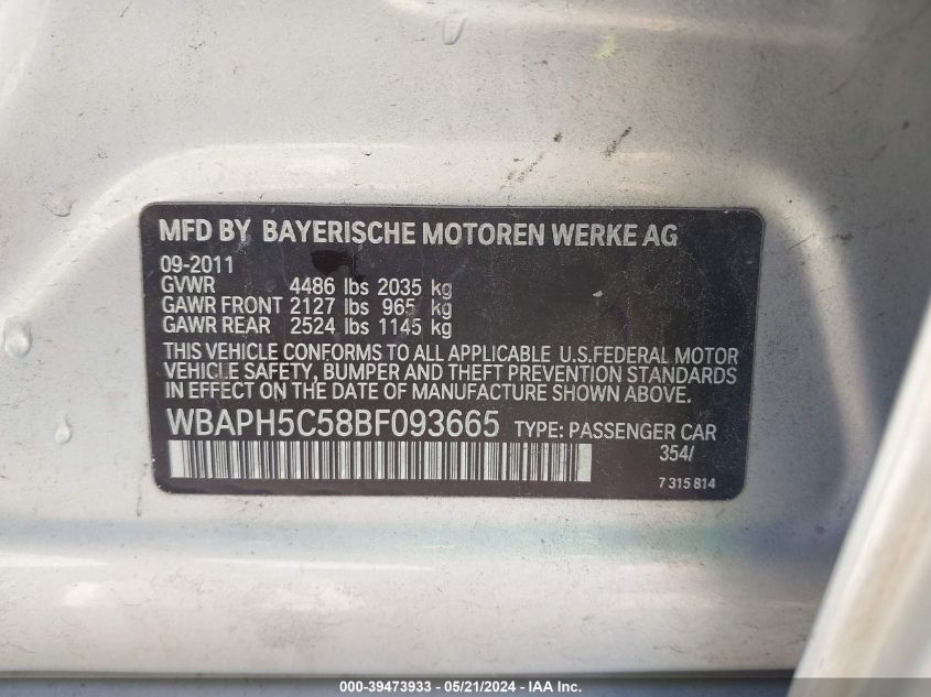 2011 BMW 328I VIN: WBAPH5C58BF093665 Lot: 39473933