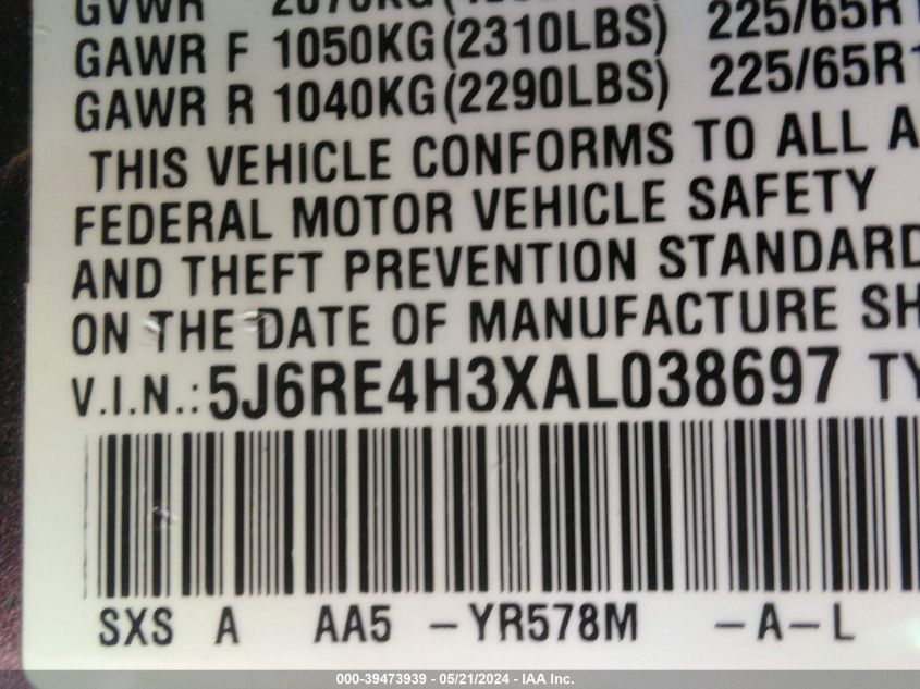 2010 Honda Cr-V Lx VIN: 5J6RE4H3XAL038697 Lot: 39473939