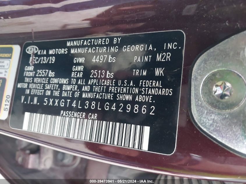 2020 Kia Optima Lx VIN: 5XXGT4L38LG429862 Lot: 39473941