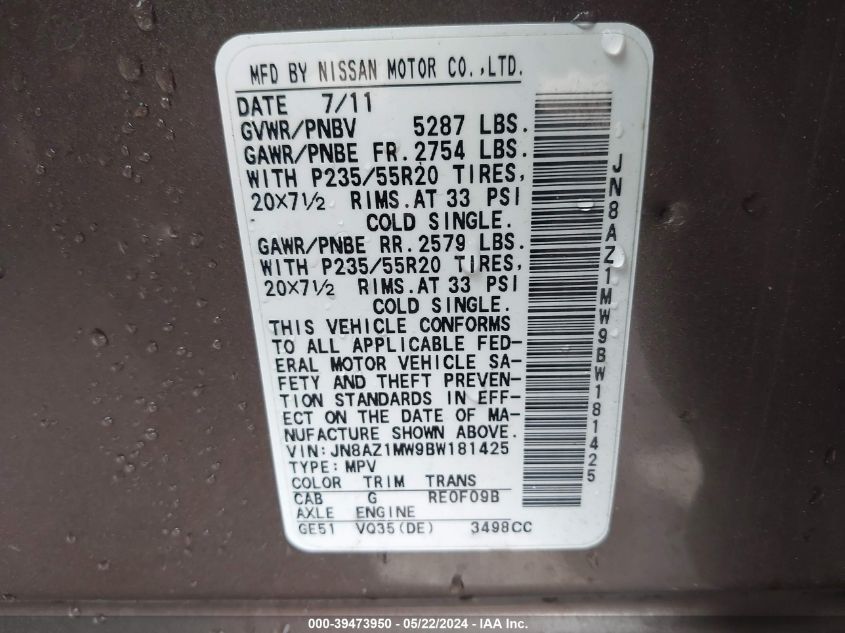 2011 Nissan Murano Le VIN: JN8AZ1MW9BW181425 Lot: 39473950