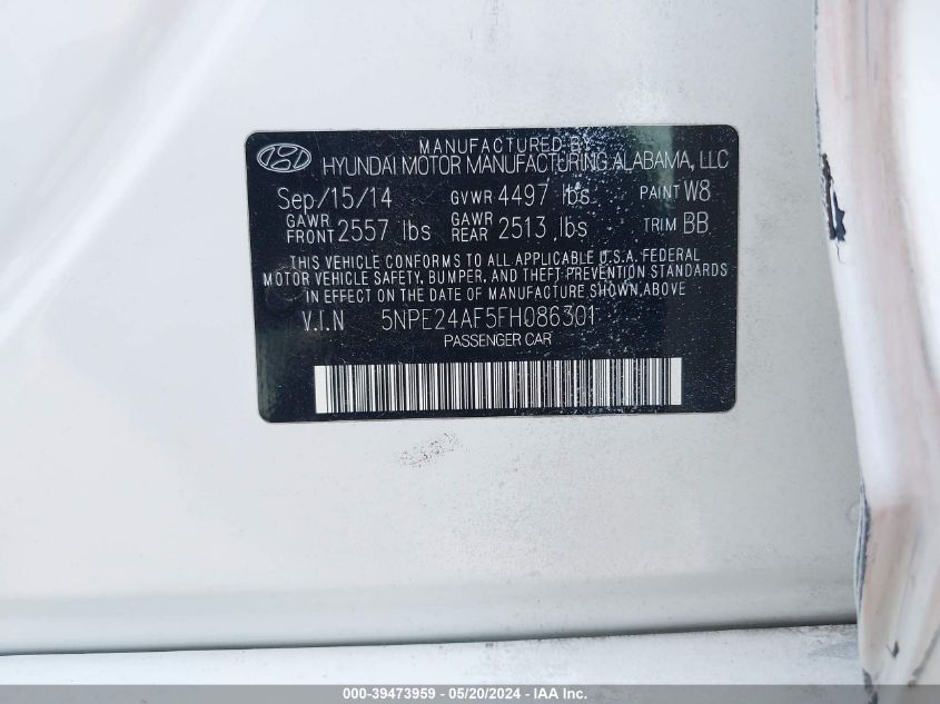 2015 Hyundai Sonata Se VIN: 5NPE24AF5FH086301 Lot: 39473959