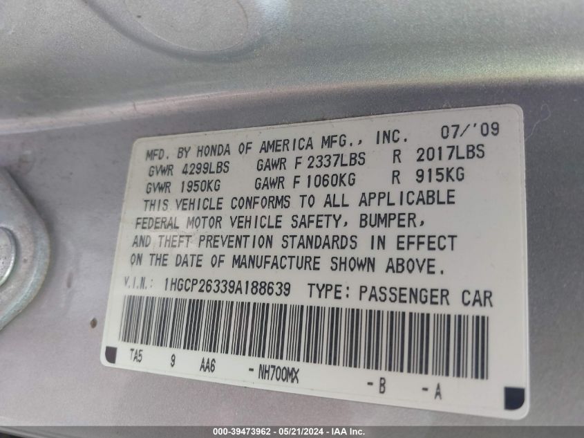 2009 Honda Accord 2.4 Lx VIN: 1HGCP26339A188639 Lot: 39473962