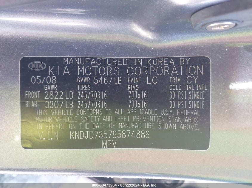 2009 Kia Sorento Lx VIN: KNDJD735795874886 Lot: 39473964