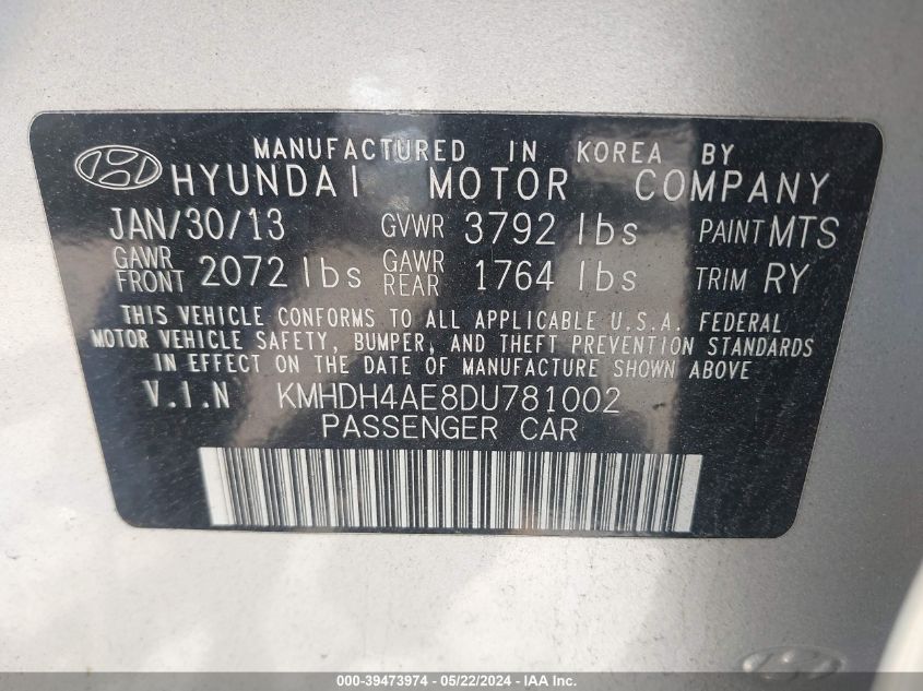 2013 Hyundai Elantra Limited VIN: KMHDH4AE8DU781002 Lot: 39473974