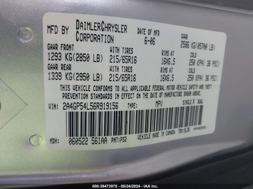 2006 Chrysler Town & Country Touring VIN: 2A4GP54L56R919156 Lot: 39473978