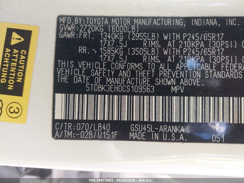 2012 Toyota Highlander Se V6 VIN: 5TDBK3EH0CS109563 Lot: 39473983