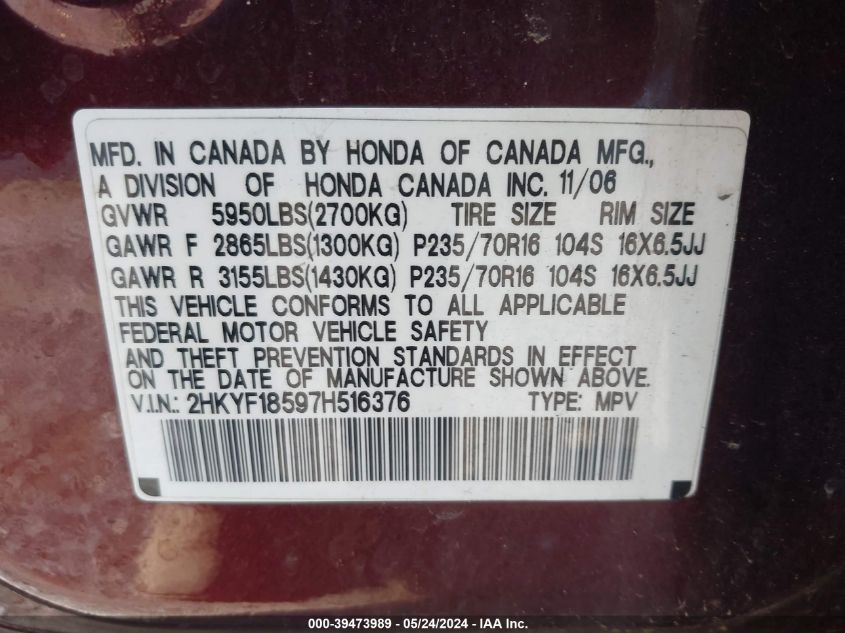 2007 Honda Pilot Ex-L VIN: 2HKYF18597H516376 Lot: 39473989