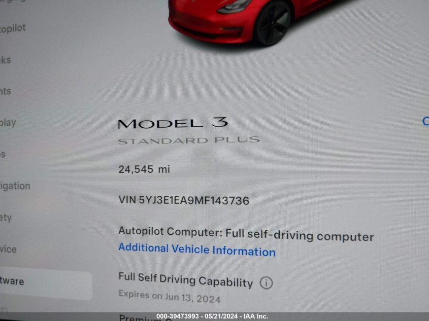 2021 Tesla Model 3 Standard Range Plus Rear-Wheel Drive VIN: 5YJ3E1EA9MF143736 Lot: 39473993