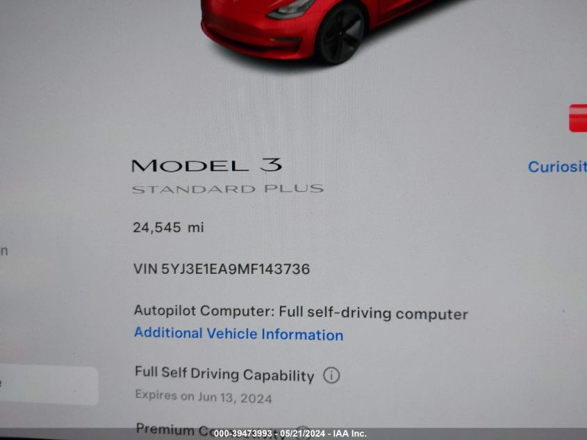 2021 Tesla Model 3 Standard Range Plus Rear-Wheel Drive VIN: 5YJ3E1EA9MF143736 Lot: 39473993