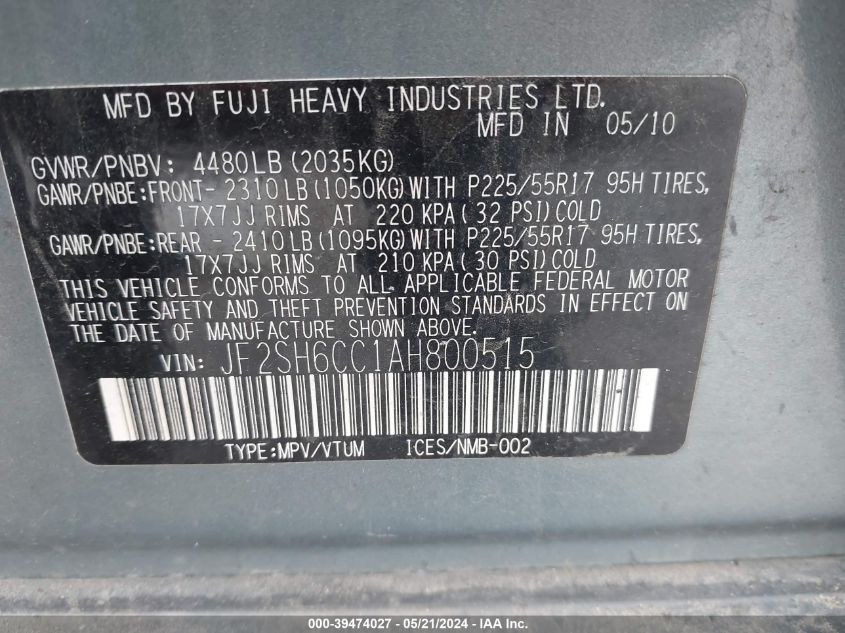 2010 Subaru Forester 2.5X Premium VIN: JF2SH6CC1AH800515 Lot: 39474027