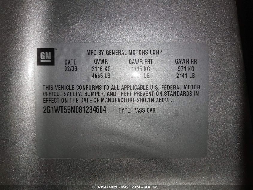 2008 Chevrolet Impala Lt VIN: 2G1WT55N081234604 Lot: 39474029