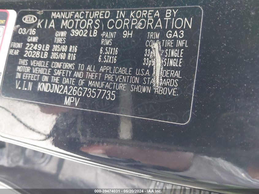 2016 Kia Soul VIN: KNDJN2A26G7357735 Lot: 39474031