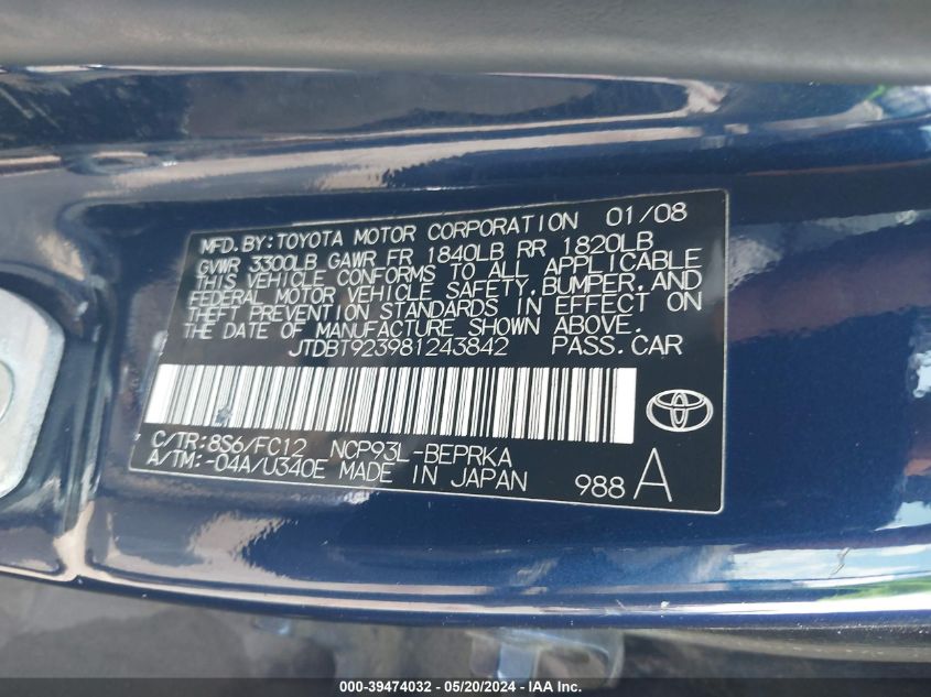 2008 Toyota Yaris VIN: JTDBT923981243842 Lot: 39474032