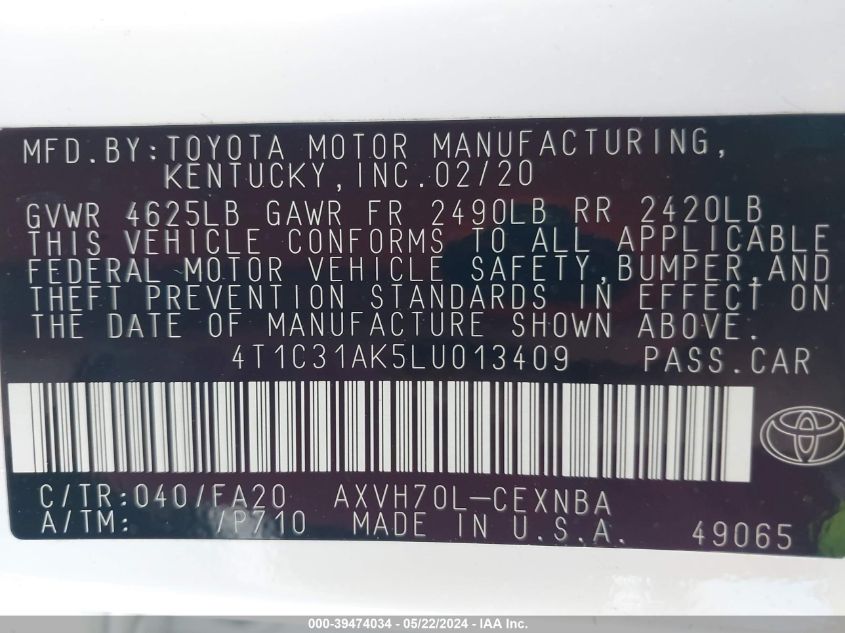 2020 Toyota Camry Le Hybrid VIN: 4T1C31AK5LU013409 Lot: 39474034
