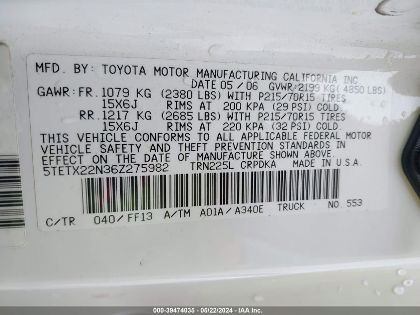 5TETX22N36Z275982 2006 Toyota Tacoma