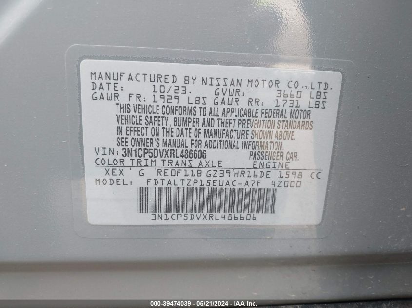 2024 Nissan Kicks Sr VIN: 3N1CP5DVXRL486606 Lot: 39474039