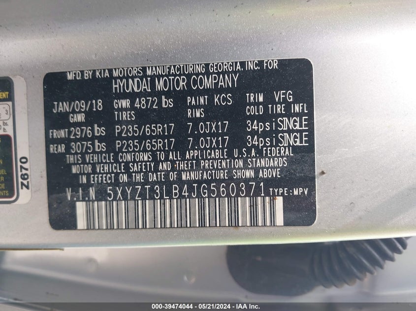 2018 Hyundai Santa Fe Sport 2.4L VIN: 5XYZT3LB4JG560371 Lot: 39474044