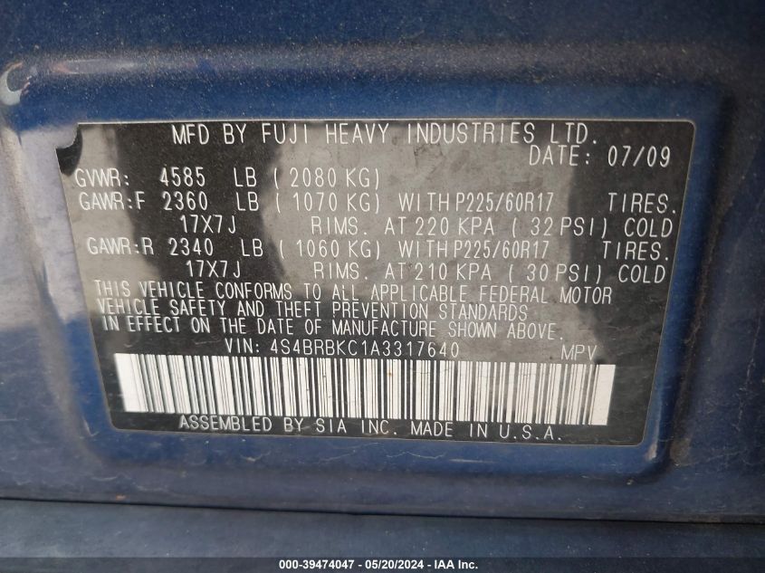 2010 Subaru Outback 2.5I Limited VIN: 4S4BRBKC1A3317640 Lot: 39474047