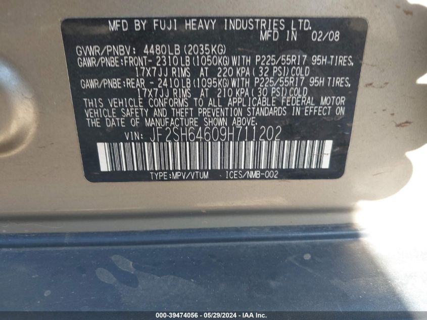 2009 Subaru Forester 2.5X L.l. Bean Edition VIN: JF2SH64609H711202 Lot: 39474056