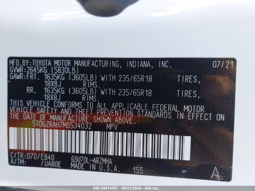 2021 Toyota Highlander Xle VIN: 5TDGZRAH7MS534032 Lot: 39474057