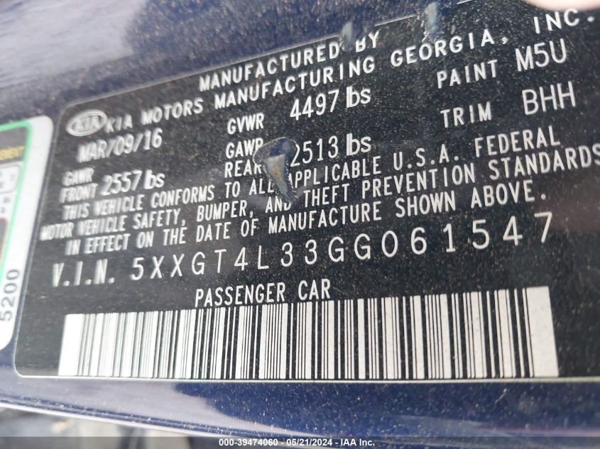 2016 Kia Optima Lx VIN: 5XXGT4L33GG061547 Lot: 39474060