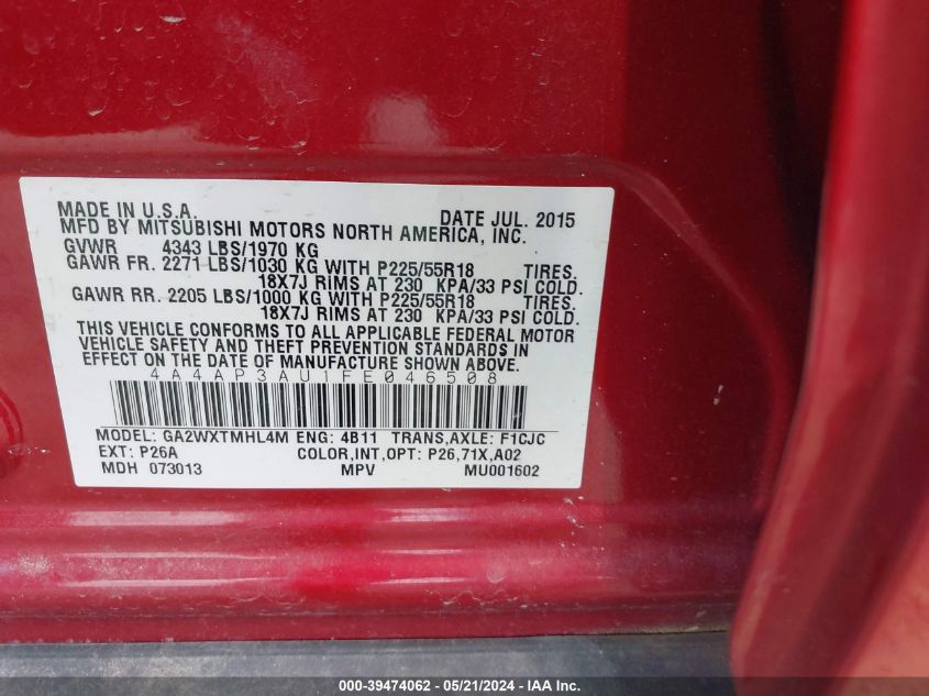 2015 Mitsubishi Outlander Sport Es VIN: 4A4AP3AU1FE046508 Lot: 39474062