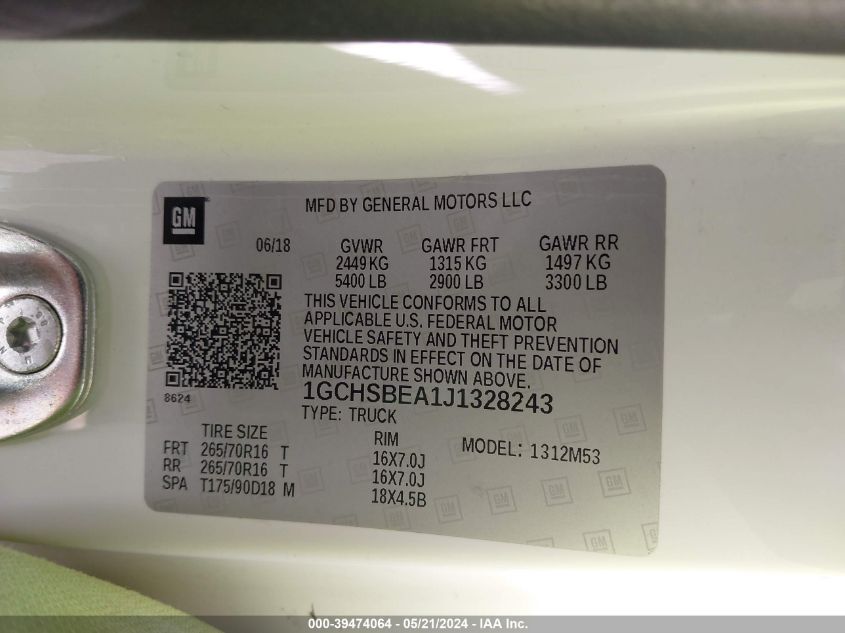 2018 Chevrolet Colorado VIN: 1GCHSBEA1J1328243 Lot: 39474064