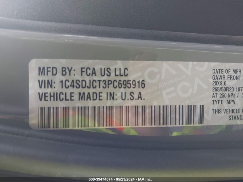 2023 Dodge Durango Hemi Orange Awd VIN: 1C4SDJCT3PC695916 Lot: 39474074