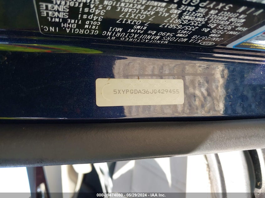 2018 Kia Sorento 2.4L Lx VIN: 5XYPGDA36JG429455 Lot: 39474080
