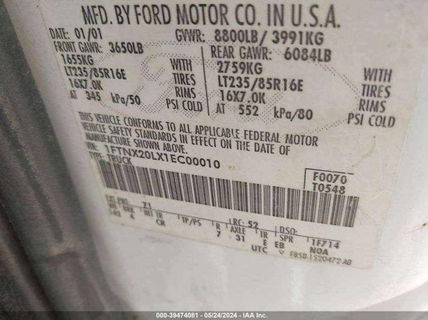 2001 Ford F-250 Lariat/Xl/Xlt VIN: 1FTNX20LX1EC00010 Lot: 39474081