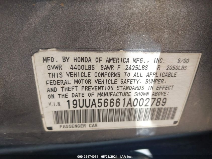 2001 Acura Tl 3.2 VIN: 19UUA56661A002789 Lot: 39474084