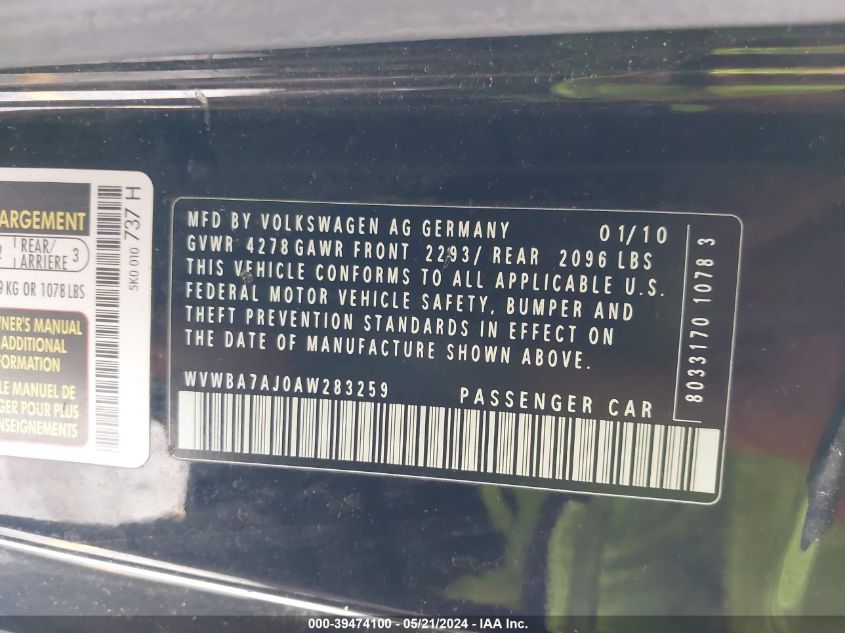 2010 Volkswagen Golf 2-Door VIN: WVWBA7AJ0AW283259 Lot: 39474100