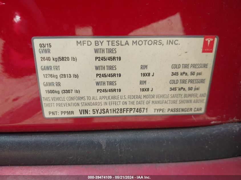 2015 Tesla Model S 70D/85D/P85D VIN: 5YJSA1H28FFP74671 Lot: 39474109